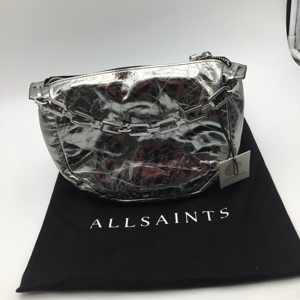 AllSaints Madea Mini Chain Bag Gunmetal Grey Metallic Leather W221XB NWT